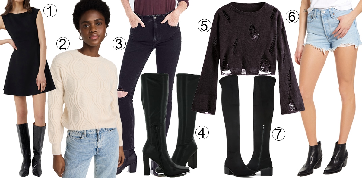 This chic and trendy outfit, featuring a French Connection Ruth bateau neck minidress, Line Dot Sincerely sweater, Abercrombie Fitch high-rise skinny jeans, SweatyRocks ripped crop sweater, and Levi's 501 original cutoff denim shorts, looks stunning when paired with knee-high boots such as Steve Madden Fedora black Paris boots (4) or Steve Madden Aggie black boots (7)