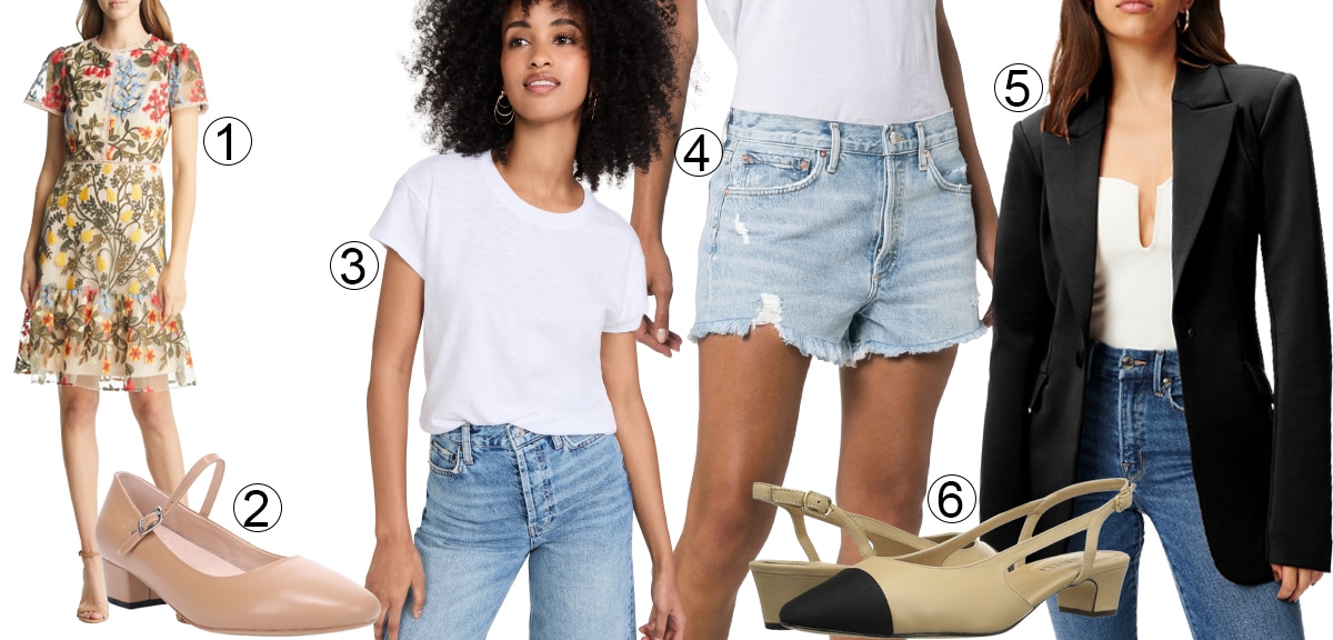 This chic and comfortable outfit, featuring a Tahari ASL embroidery crochet A-line dress, Z Supply modern slub tee, Agolde distressed denim shorts, and Good American fitted scuba blazer, is perfect for a variety of occasions and pairs seamlessly with low block heels such as Proper Zuri pump (2) or Vaneli Aliz slingback low block heel pumps (6)