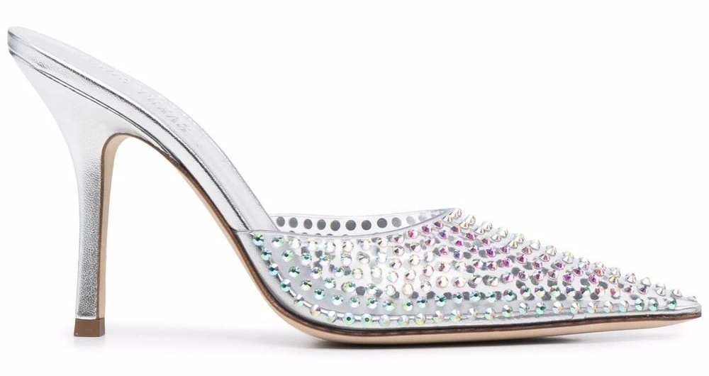 These Paris Texas shoes are studded with crystals and feature a slip-on style and a backless design