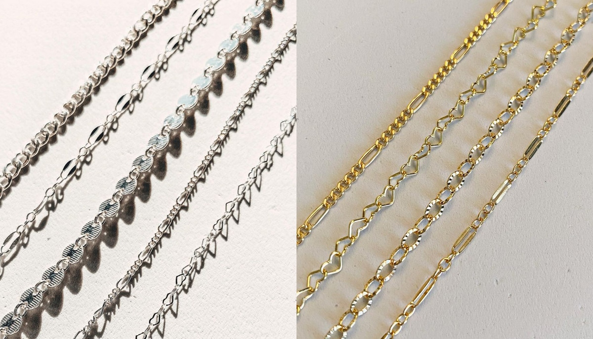 Side-by-side gold and silver chain samples display the variety of link patterns available for custom welded bracelets
