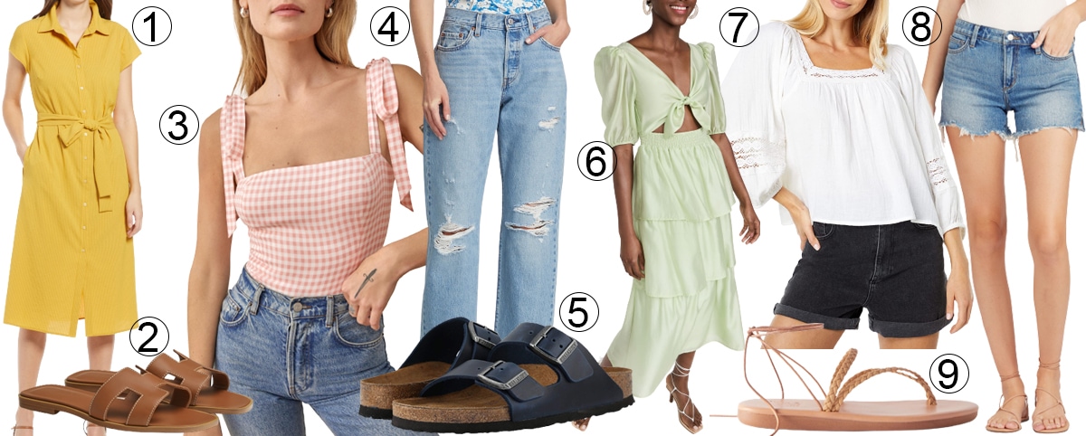 This breezy and stylish outfit consists of a Halogen textured tie-waist shirtdress, Reformation Ellora top, Levi's '90s 501 distressed jeans, WAYF tiered maxi dress, O'Neill Doreen blouse, and Joe's The Ozzie cutoff denim shorts, and is perfect for warm weather and pairs effortlessly with sandals such as Hermès Oran sandals (2), Birkenstock Arizona sandals (5), or Ancient Greek Plage braided sandals (9)