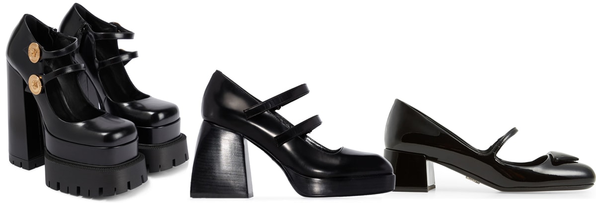 A striking lineup of 2023’s Mary Jane trend featuring bold platform designs from Versace, Nodaleto’s block-heeled silhouette, and Prada’s sleek, patent leather classic