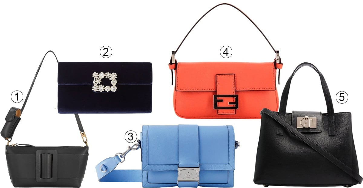 Showcasing popular styles from 2023, this selection of buckle bags features (1) Boyy's sleek Leather Buckle Pouchette, (2) Roger Vivier's glamorous Flower Strass Crystal Buckle Clutch Bag, (3) Mulberry's iconic Postman Small Postman Lock Messenger Bag, (4) a classic Fendi Pre-Owned Mini Baguette Handbag, and (5) Furla's sophisticated Square-Buckle Tote Bag