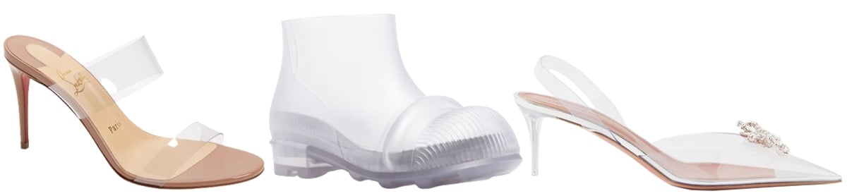 A sleek display of the 2023 ‘naked’ shoe trend featuring Christian Louboutin’s clear slide sandals, Loewe’s transparent ankle boots, and Amina Muaddi’s crystal-embellished PVC slingback pumps