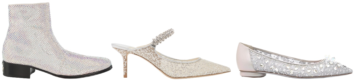 A dazzling showcase of the sparkle trend for 2023, featuring Dolce Gabbana’s crystal ankle boots, Jimmy Choo’s embellished tulle pumps, and Rene Caovilla’s ornate crystal ballet flats