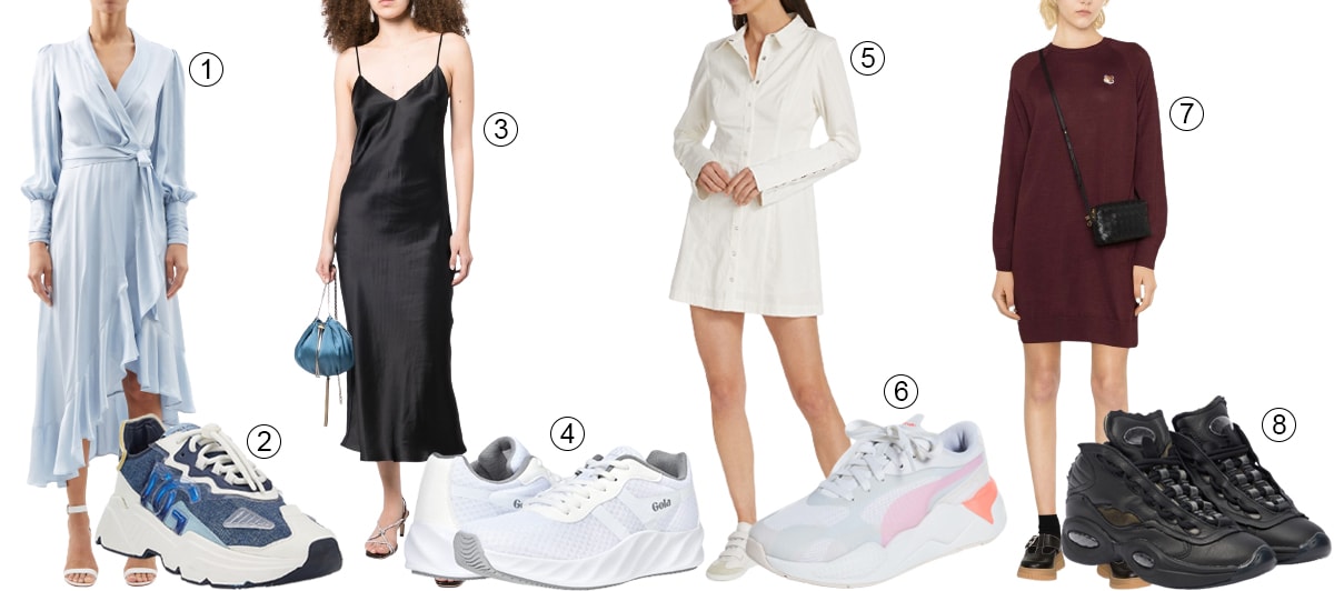 1. Zimmermann Ruffled Asymmetric Silk-Satin Wrap Dress; 2. Dolce Gabbana Daymaster Denim Sneaker; 3. Gilda Pearl Sophie Midi-Slip Dress; 4. Gola Draken Run Sneakers; 5. Free People Thea Minidress; 6. Puma RS-X Plas Tech Sneaker; 7. Maison Kitsuné Knitted Jumper Dress; Maison Margiela x Reebok Question Mid Leather Sneakers