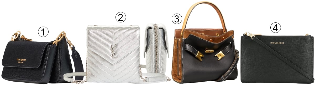 Showcasing popular styles from 2023, this selection of versatile double bags features (1) Kate Spade's practical Morgan Saffiano Double Up Crossbody Bag, (2) Saint Laurent's chic Quilted Metallic Leather Double Flap Crossbody Bag, (3) Tory Burch's elegant Lee Radziwill Petite Leather Double Bag, and (4) Michael Kors' functional Large Double Pouch Crossbody Bag