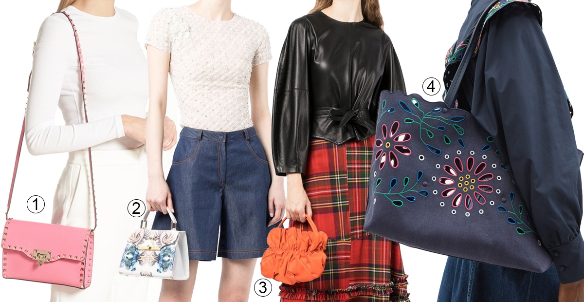 Showcasing popular styles from 2023, this selection of feminine bags features (1) Valentino's iconic Medium Rockstud Leather Shoulder Bag, (2) Saiid Kobeisy's artistic Floral-Print Mini Bag, (3) Molly Goddard's playful Ruffle Tote Bag, and (4) Chloe's intricate Kamilla Floral Cutout Linen Tote Bag