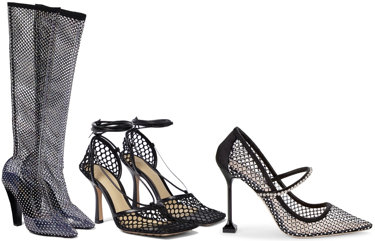 A stunning lineup of netted footwear for 2023 featuring Saint Laurent’s embellished knee-high boots, Bottega Veneta’s mesh pumps, and Miu Miu’s crystal-embellished fishnet heels for a bold and sultry statement