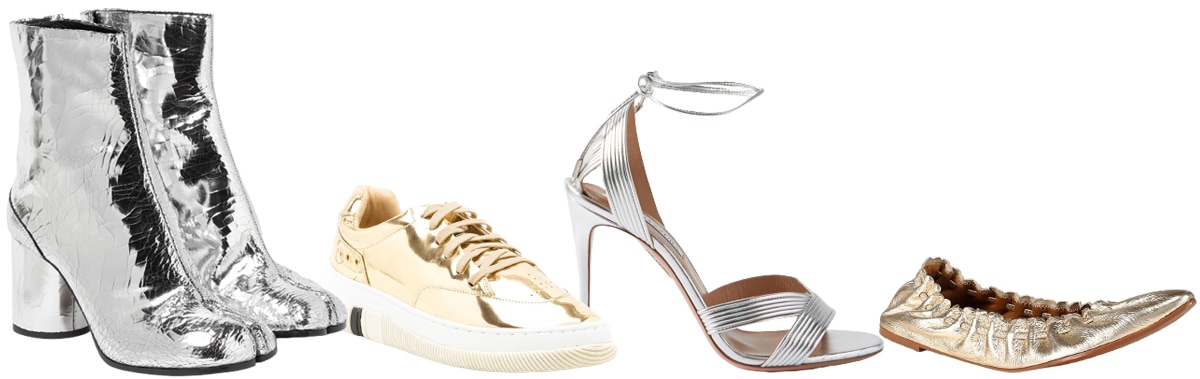 A chic lineup of the metallic shoe trend for 2023, featuring Maison Margiela’s silver ankle boots, Osklen’s gold sneakers, Aquazzura’s strappy metallic sandals, and See By Chloé’s shimmering ballet flats