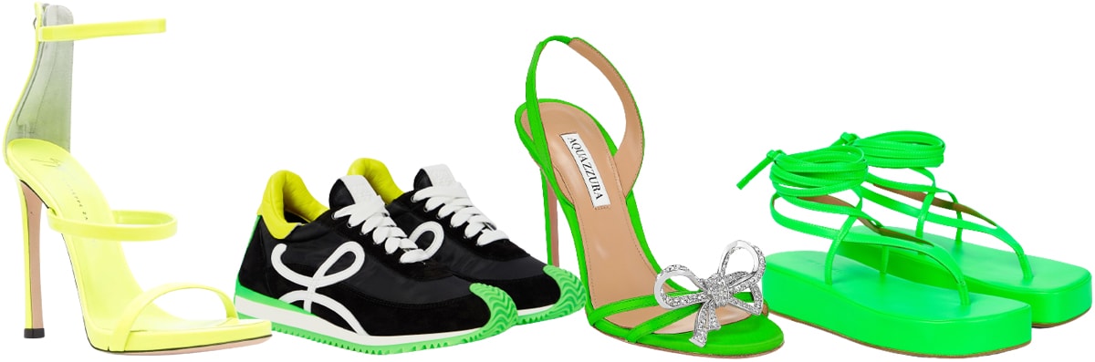 A vibrant showcase of the bold neon trend for 2023, featuring Giuseppe Zanotti’s open-toe sandals, Loewe’s sporty sneakers, Aquazzura’s satin stiletto heels, and Amina Muaddi’s platform thong sandals