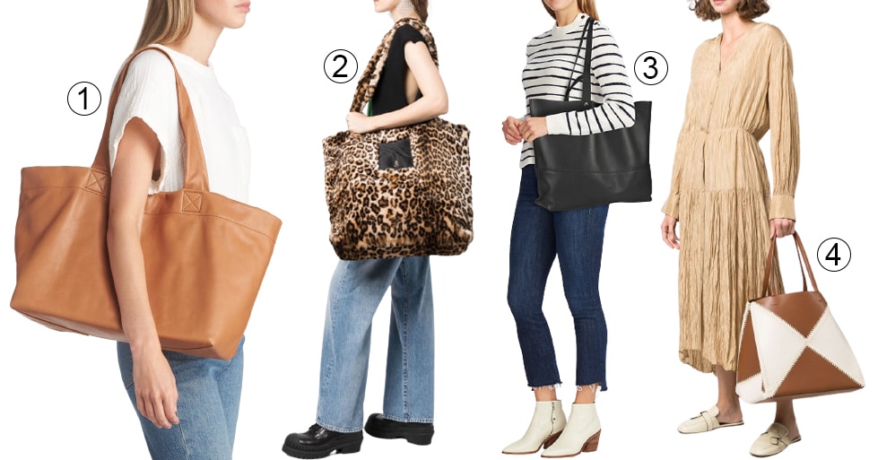 Showcasing popular styles from 2023, this selection of oversized tote bags features (1) Madewell's versatile The Piazza Oversize Tote, (2) R13's striking Leopard-Print Oversize Tote Bag, (3) Rag Bone's classic Logan Leather Tote, and (4) Nanushka's distinctive Oversized Tote Bag