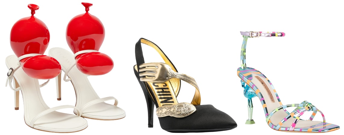A playful take on 2023’s whimsical shoe trend, featuring Loewe’s balloon-inspired sandals, Moschino’s fork-detail pumps, and Sophia Webster’s colorful flamingo-heeled sandals