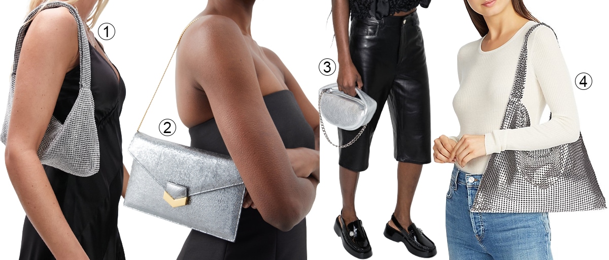 Showcasing popular styles from 2023, this selection of shimmering silver bags features (1) Topshop's glamorous Sindy Diamante Shoulder Bag, (2) Demellier's sophisticated The London Metallic-Leather Crossbody Bag, (3) By Far's chic Baby Cush Mini Bag, and (4) Paco Rabanne's iconic Sac Porte Epaul Mesh Shoulder Bag, all reflecting the metallic statement trend that defined the year