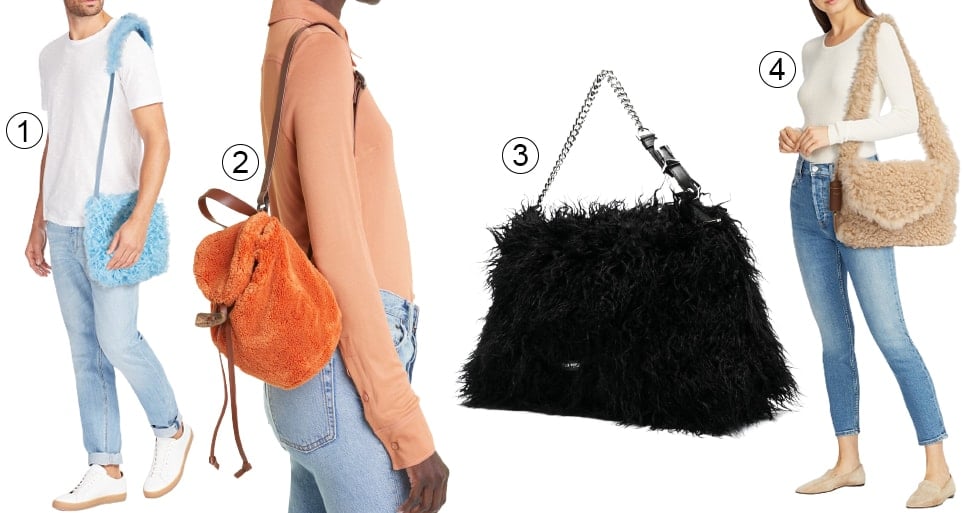 Showcasing popular styles from 2023, this selection of soft and tactile bags features (1) Dries Van Noten's vibrant Furry Shearling Crossbody Bag, (2) Acne Studios' cozy Agora Furry Fleece Sling Backpack, (3) Alberta Ferretti's luxurious Dory Furry Effect Bag, and (4) Saint Laurent's statement Furry Bag in Shearling