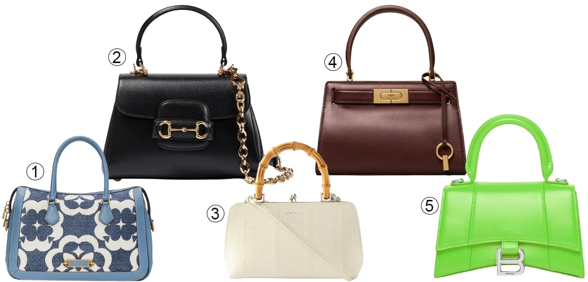 Showcasing popular styles from 2023, this selection of classic ladylike top-handle bags features (1) Kate Spade's charming Gramercy Floral Top-Handle Bag, (2) Gucci's iconic Horsebit 1955 Leather Tote, (3) Jil Sander's unique Mini Bamboo-Handle Elaphe Bag, (4) Tory Burch's timeless Mini Lee Radziwill Bag, and (5) Balenciaga's distinctive XS Hourglass Top-Handle Bag