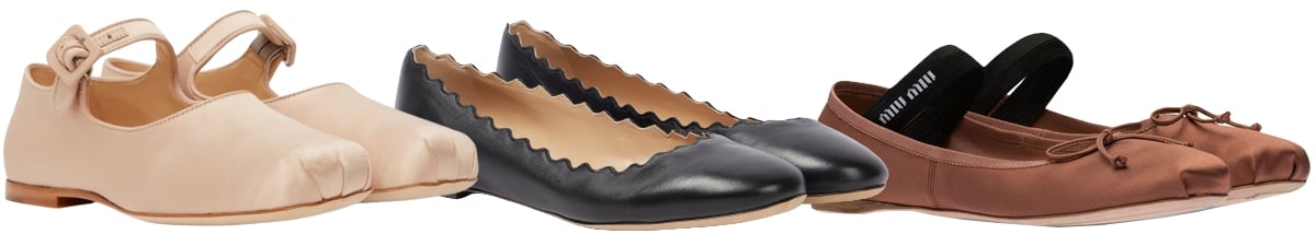 A collection of 2023’s ballet flat trend featuring chic designs from Sandy Liang, Chloe, and Miu Miu, blending classic silhouettes with modern elegance