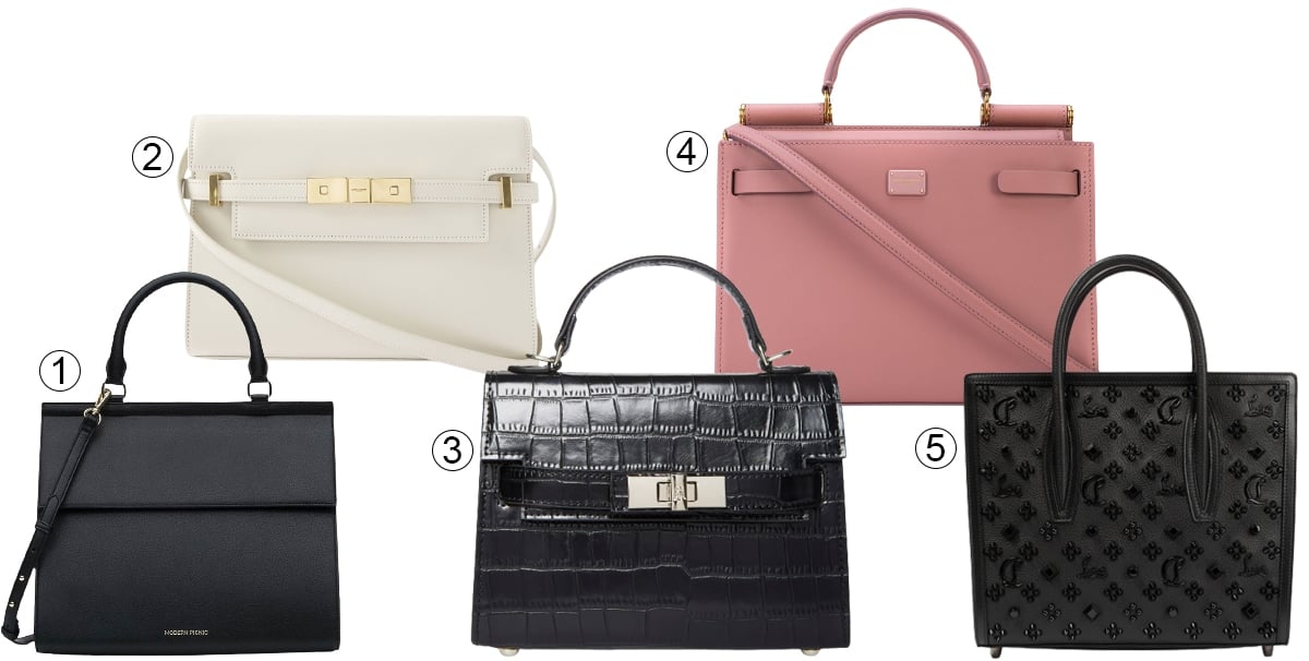 Showcasing popular styles from 2023, this selection of work bags features (1) Modern Picnic's sleek The Large Luncher Vegan Leather Lunchbox, (2) Saint Laurent's refined Manhattan Shoulder Bag, (3) Steve Madden's textured Dignify Croc-Embossed Crossbody Bag, (4) Dolce Gabbana's classic Small Sicily Bag, and (5) Christian Louboutin's versatile Paloma Medium Leather Tote Bag