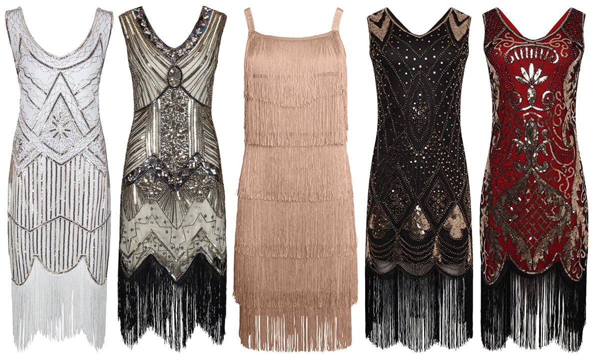 (L to R) Ro Rox Great Gatsby 1920s Flapper Dress; Ro Rox Gloria Flapper Dress; Ro Rox Great Gatsby 1920s Tassel Flapper Dress; Ro Rox Art Deco Flapper Dress; Ro Rox 1920s Fringe Prom Art Deco Flapper Dress
