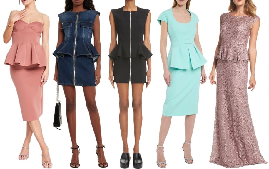 Peplum dresses are defined by a sculptural ruffle at the waist, where a flared panel creates a cinched, hourglass silhouette while adding movement and architectural shape to the look