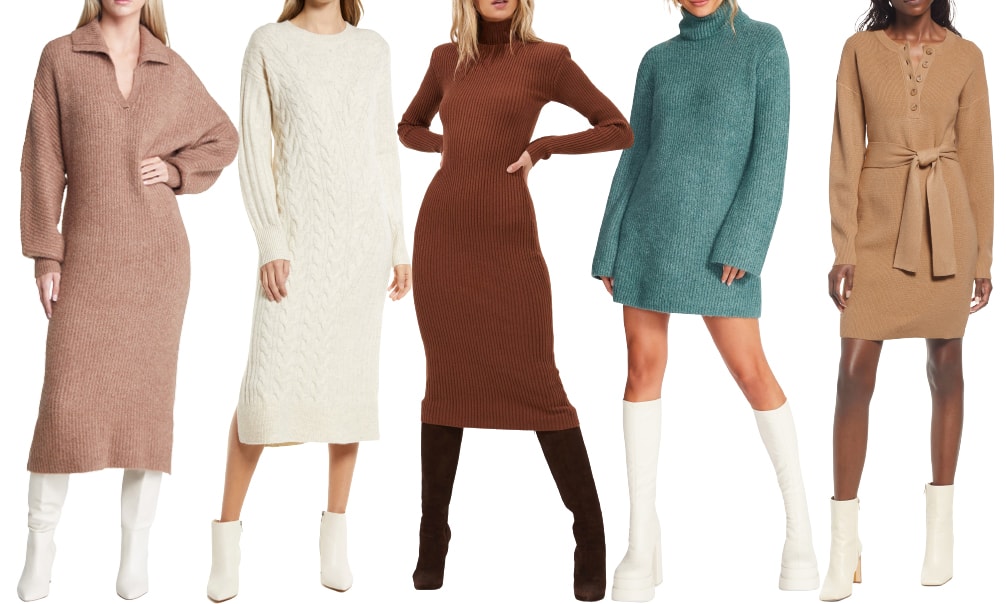 Sweater dresses extend the comfort of knitwear into a full silhouette, with ribbed, cable, and belted designs that skim the body or drape loosely, often styled with boots to balance warmth and proportion