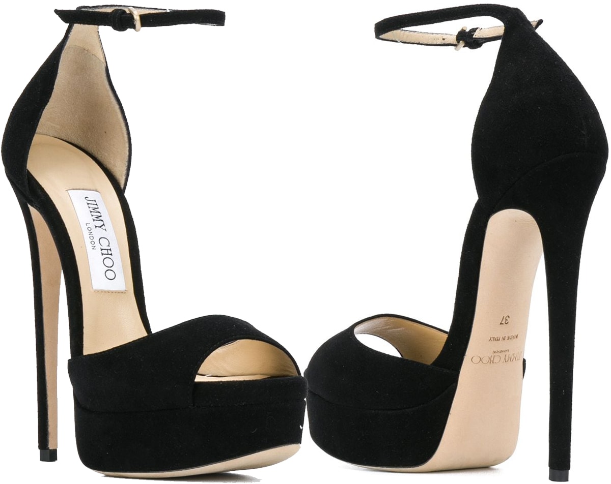 The Jimmy Choo "Max" 150 sandal, shown here in black suede, features a dramatic 6-inch stiletto heel balanced by a thick platform for stability and height
