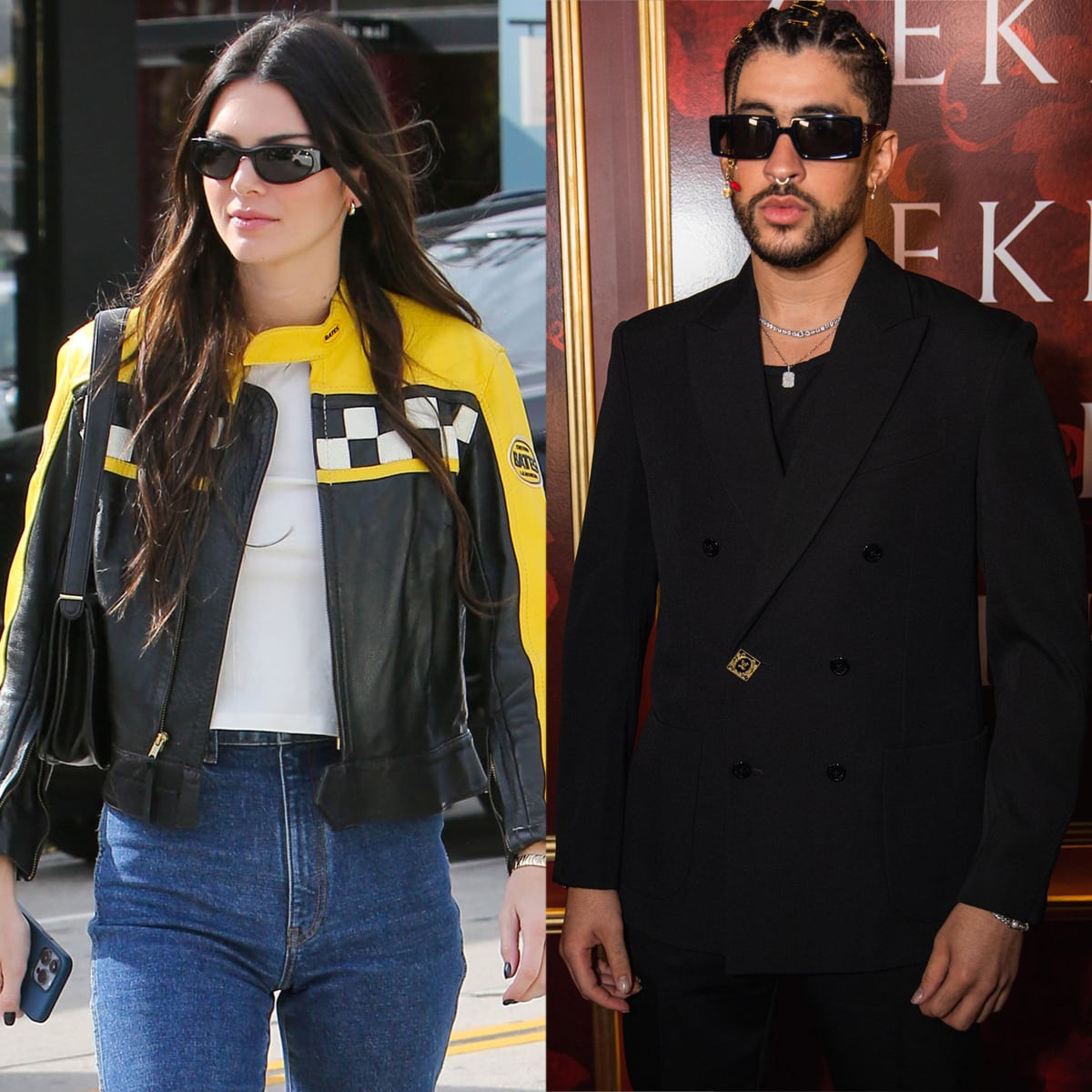 Kendall Jenner and Bad Bunny pictured separately during their brief romance — Kendall keeps it casual in a yellow-and-black racing jacket and jeans, while Bad Bunny opts for sleek tailoring and statement sunglasses