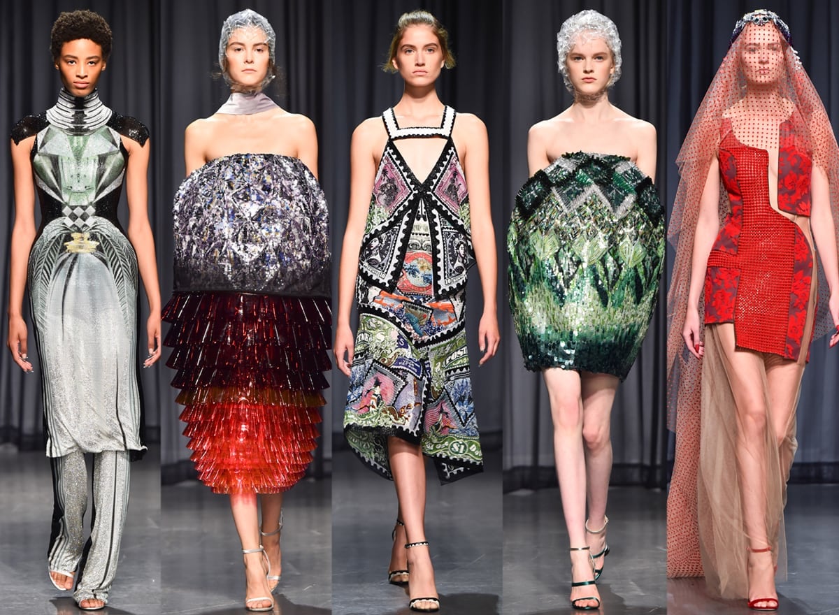 Mary Katrantzou's avant-garde couture pieces showcase intricate craftsmanship, bold prints, and dramatic silhouettes, redefining modern luxury
