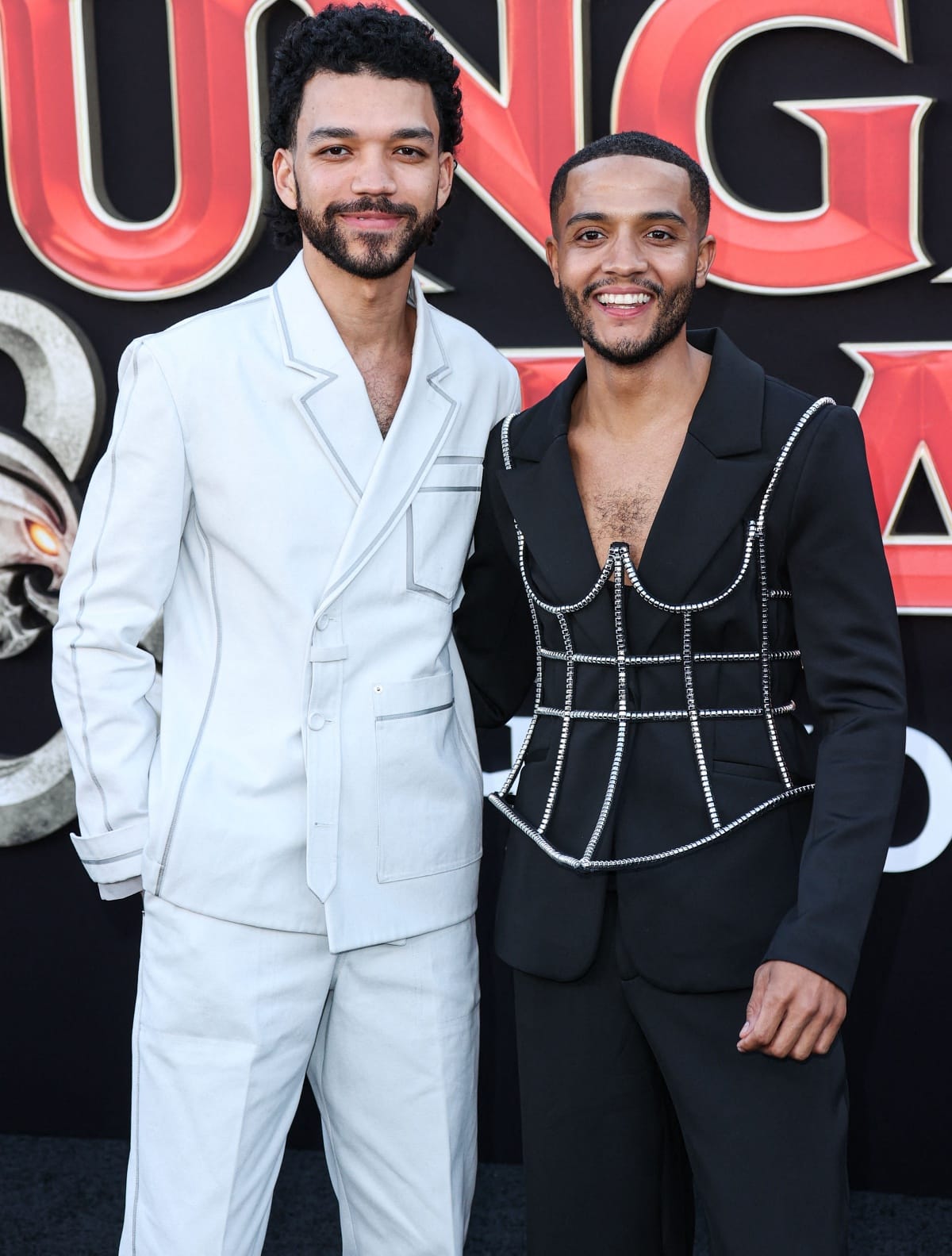 Justice Smith with boyfriend Nicholas L. Ashe at the premiere of Dungeons Dragons: Honor Among Thieves in Los Angeles