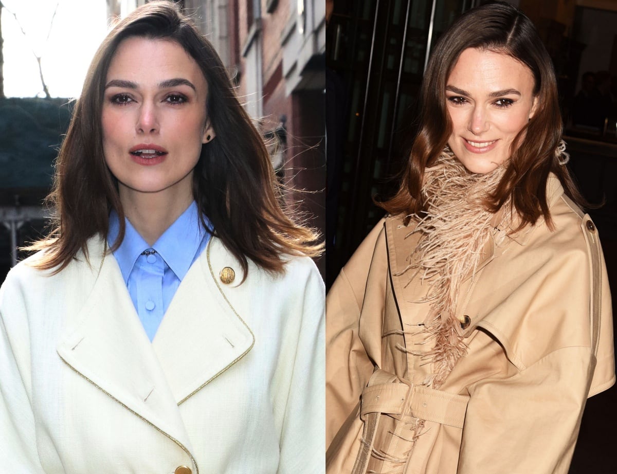 Keira Knightley exudes understated sophistication in two press-tour looks — a tailored cream Gucci skirt suit with studded heels by the brand and a feather-trimmed Valentino trench that channels old-Hollywood charm