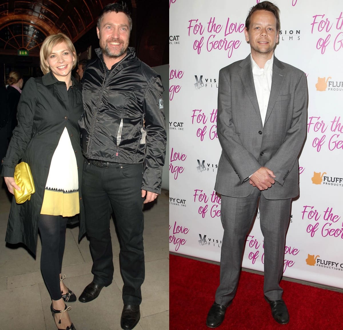 Vincent Regan keeps it casual in a black bomber jacket and dark jeans alongside a guest, while Henry Hereford opts for a classic gray suit on the red carpet at separate events