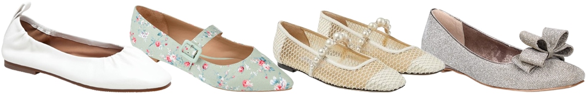 Delicate flats in white, floral, pearl-accented, and glitter styles offer brides comfort without compromising on feminine charm