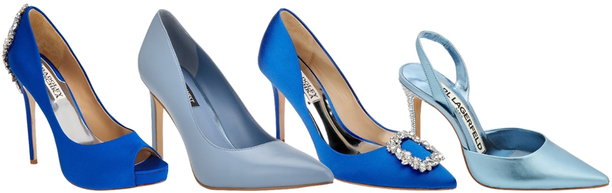 A mix of sapphire, baby blue, and crystal-embellished pumps, proving that “something blue” can be both elegant and playful for modern brides