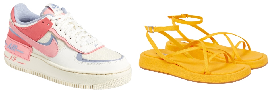 Color pop charm in Nike's Air Force 1 Shadow sneakers and Gia Borghini's Rosie sandals — an explosion of bold hues to brighten your steps