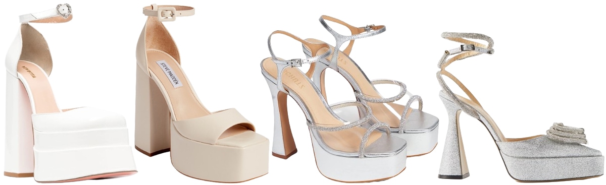 Towering platform sandals and pumps in white, nude, and metallic shades deliver height and drama with easier wear than stilettos