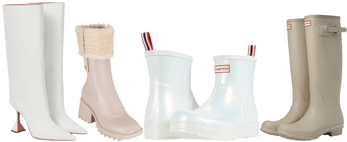 Chic rain boots, from glossy Wellingtons to shearling-trimmed designs, are practical yet stylish for countryside or outdoor ceremonies