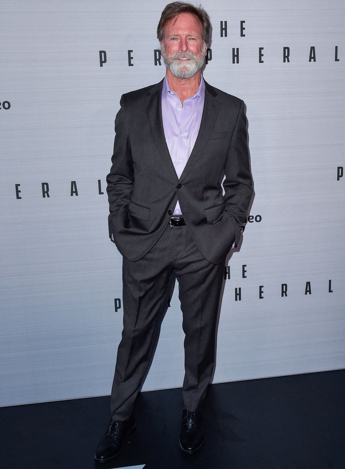 Louis Herthum looked dapper at The Peripheral Los Angeles premiere in a tailored gray suit layered over a lavender shirt, completing the refined look with polished black dress shoes