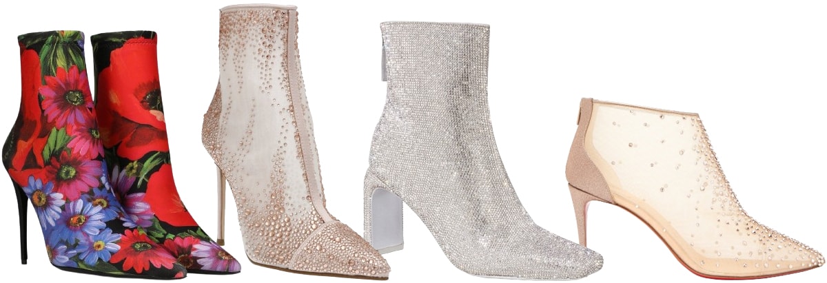 Statement bridal booties range from bold floral prints to sparkling crystal mesh, perfect for fall and winter weddings