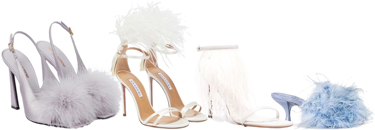 Feather-trimmed sandals and mules add texture and drama, ideal for brides who want a glamorous twist to a simple gown