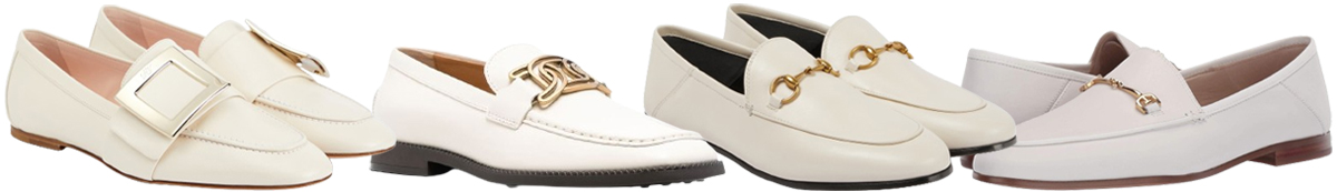 Classic leather loafers in ivory tones, finished with sleek buckles and horsebit details, let couples twin in timeless style