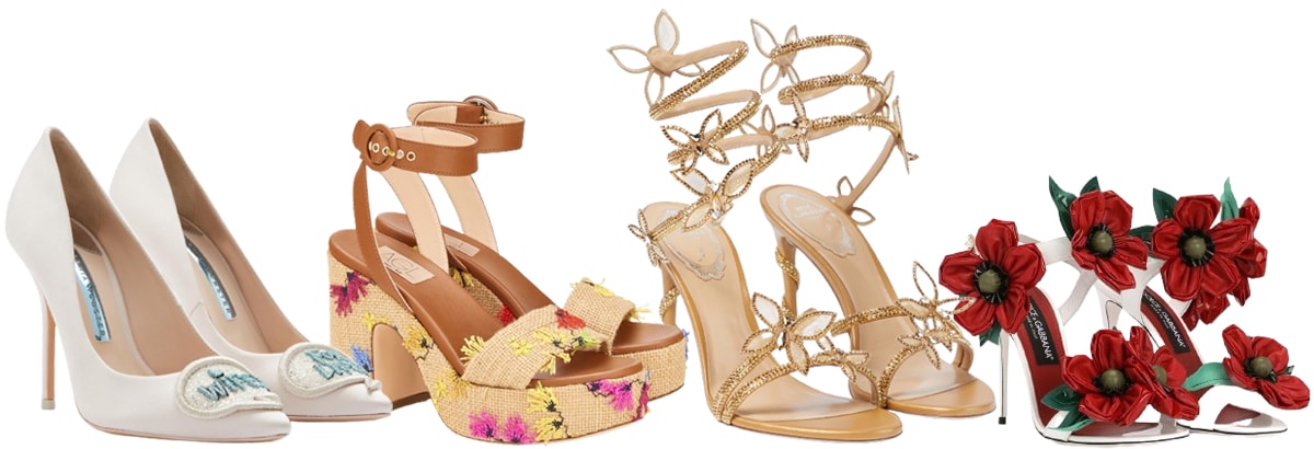 Fairytale-inspired heels with embroidery, floral appliqués, and butterfly details bring personality and storytelling into bridal footwear