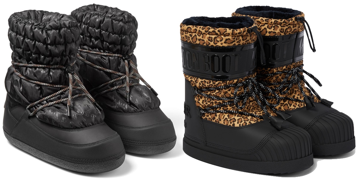 Jimmy Choo’s sleek black Yuzi padded snow boots and Moncler x Palm Angels’ bold leopard-print Moon Boots showcase two high-fashion takes on winter footwear