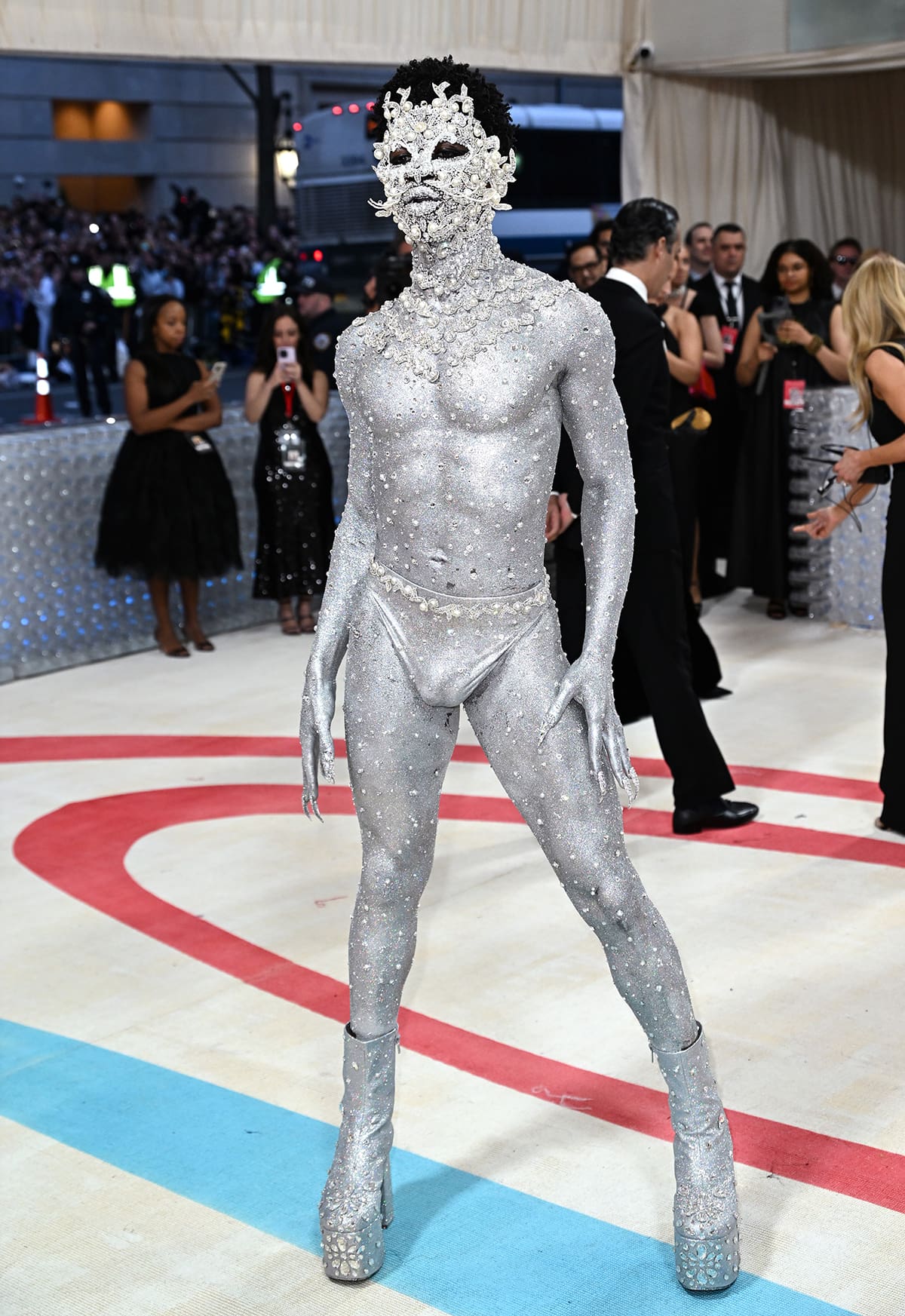 Lil Nas X's look features 5,000 scattered pearls and gemstones, created by Pat McGrath