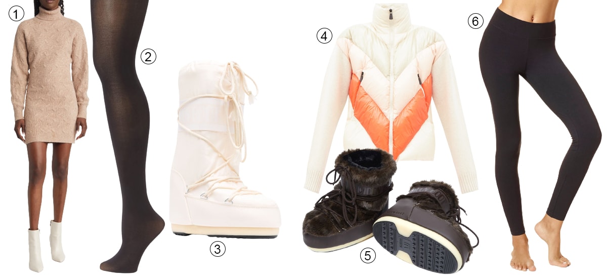 This winter-ready style guide includes (1) Lulus’ cable-stitch sweater dress, (2) Capezio tights, (3) classic Moon Boot Icon snow boots, (4) a Moncler Grenoble chevron puffer, (5) faux-fur Moon Boot ankle boots, and (6) Hue leggings—combining cozy textures with alpine flair