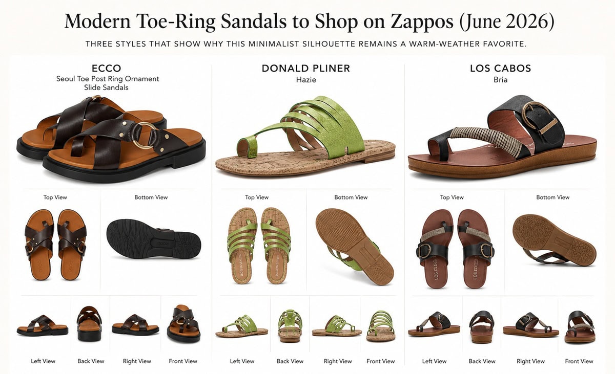 From ECCO's hardware-accented slides to Donald Pliner's minimalist suede design and Los Cabos' comfort-focused sandal, toe-ring styles remain a popular alternative to traditional slides and flip-flops