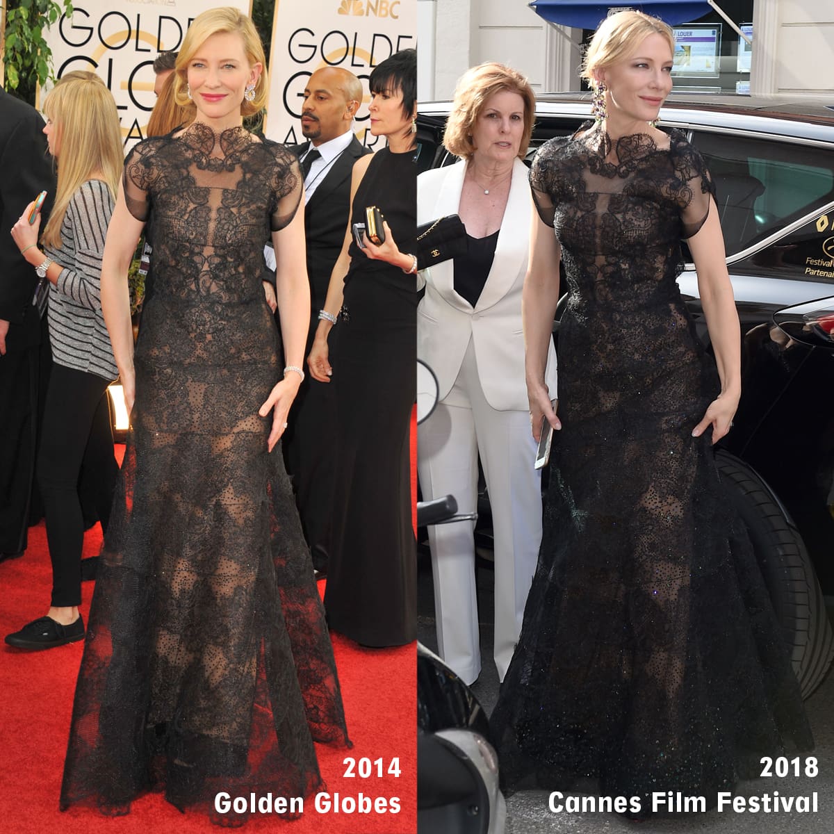 Cate Blanchett first wore her Giorgio Armani lace gown in 2014 at the Golden Globes and again at the 2018 Cannes Film Festival