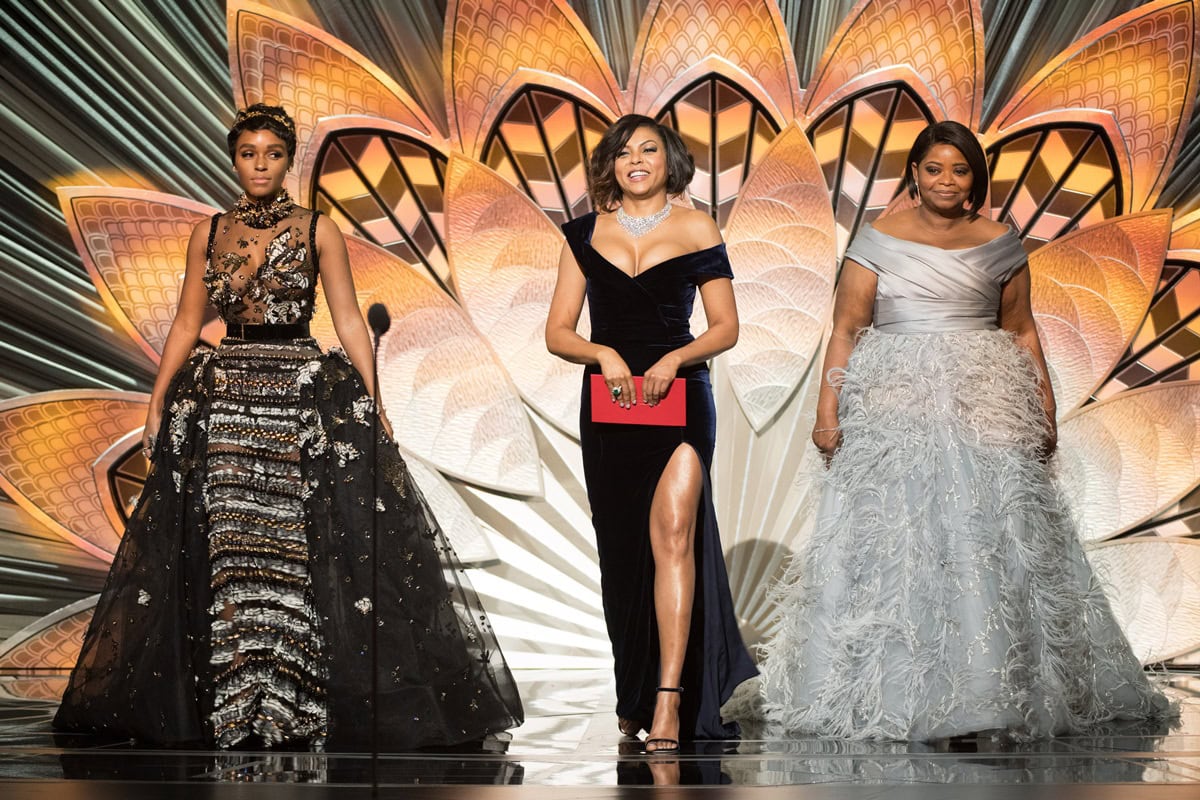 At the 89th Academy Awards, Taraji P. Henson paired her midnight-blue Alberta Ferretti velvet gown with black Jimmy Choo “Minny” sandals, while Octavia Spencer complemented her feathered Marchesa gown with silver Stuart Weitzman “Nudist” heels and Janelle Monáe grounded her elaborate Elie Saab couture look with Brian Atwood platforms, each ensemble elevated by statement diamonds and meticulously chosen accessories