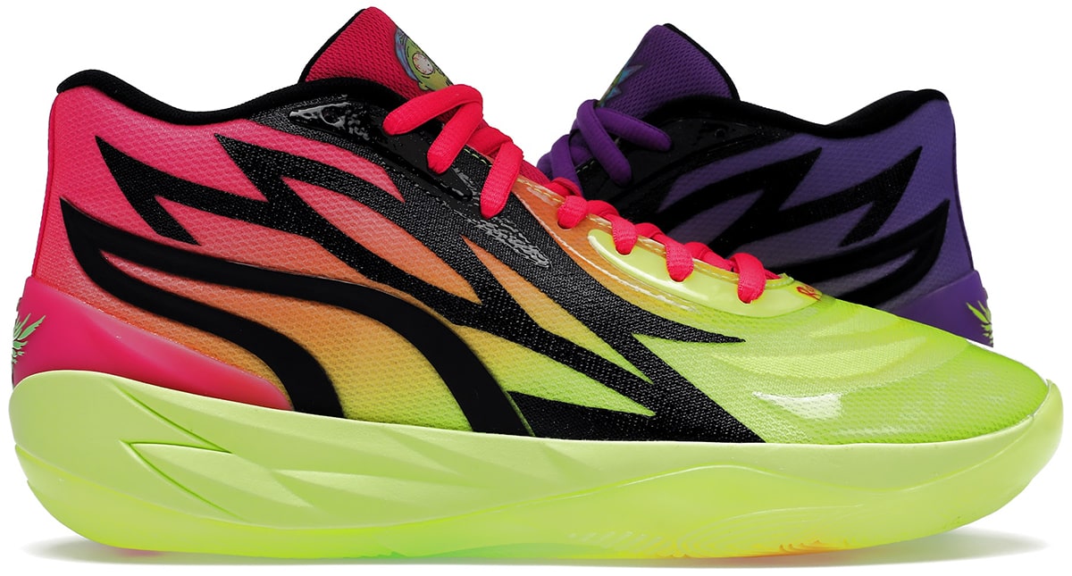 The LaMelo Rick and Morty x Puma MB.02 sneakers are available on second hand markets like Stockx