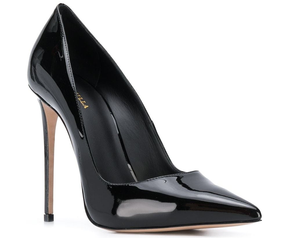 The Le Silla Eva is made of black patent leather and features a classic pointed toe silhouette and a high stiletto heel