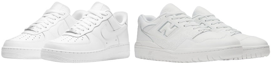The Nike Air Force 1 (left) features a noticeably roomier fit compared to the sleeker, narrower New Balance 550 (right), making the 550 better suited for those who prefer a snug, streamlined feel